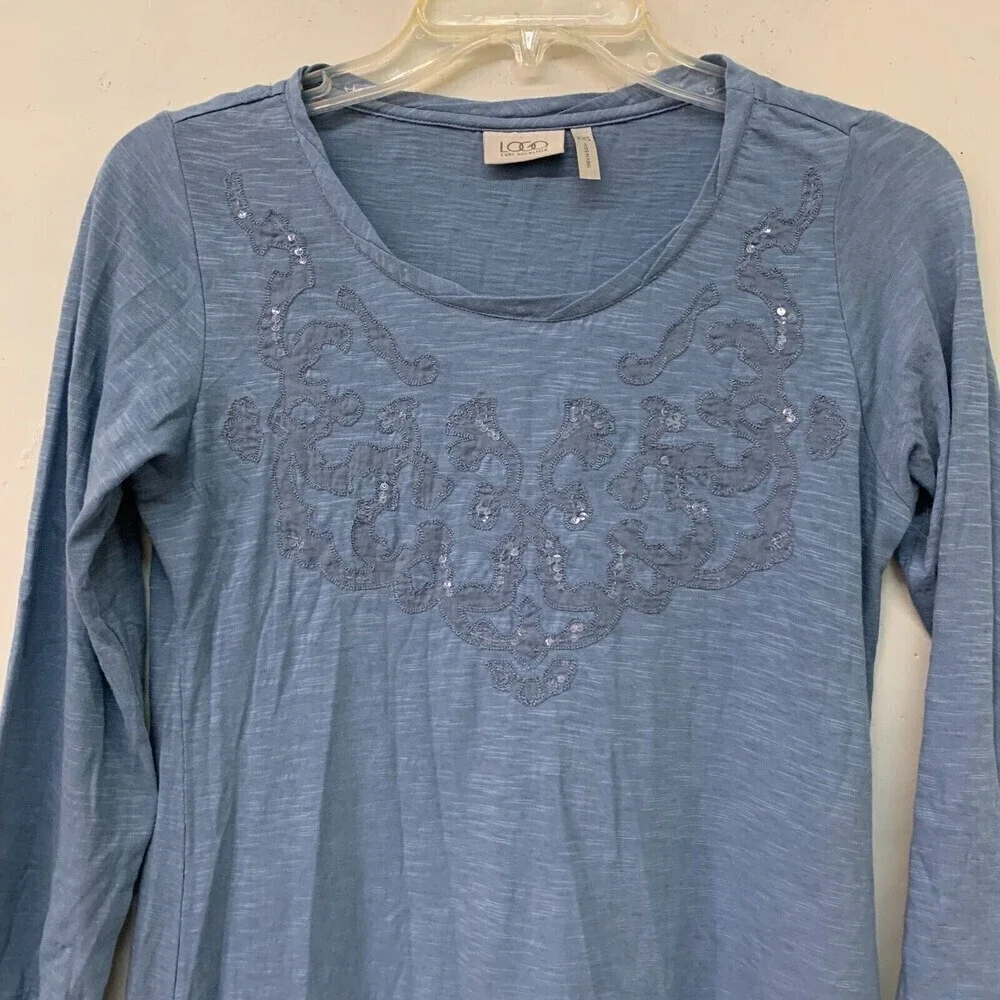 LOGO by Lori Goldstein Womens Size XXS Blue Embellished Cotton Tunic Top - Picture 2 of 5